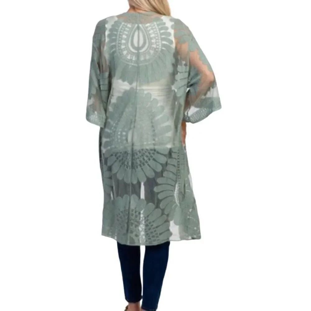 Rebellion Again Sheer Lace Kimono Duster Boho Festival Mint Green Women's Large